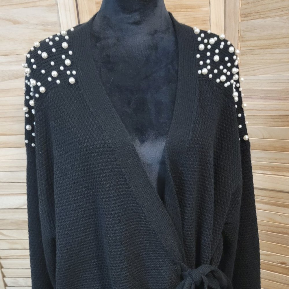 Stylish Black Pearls Beaded Cardigan - Plus Size, Drop Shoulder Knot Detail